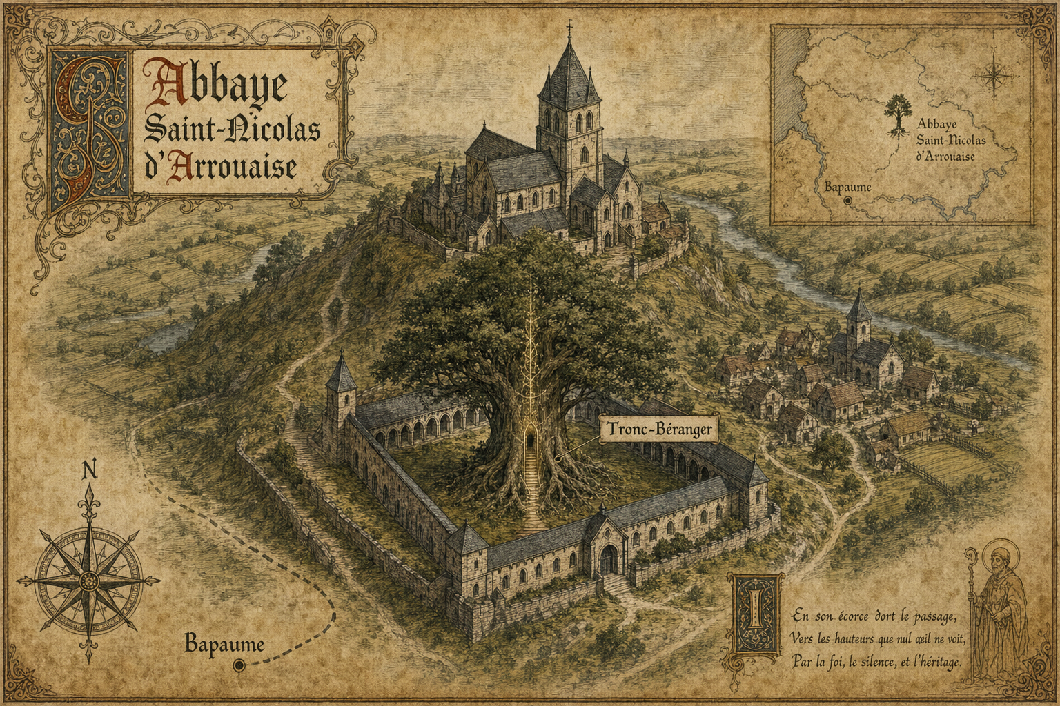 Carte de l'abbaye Saint-Nicolas d'Arrouaise et du Tronc-Béranger dans l'univers Yggdrasil
