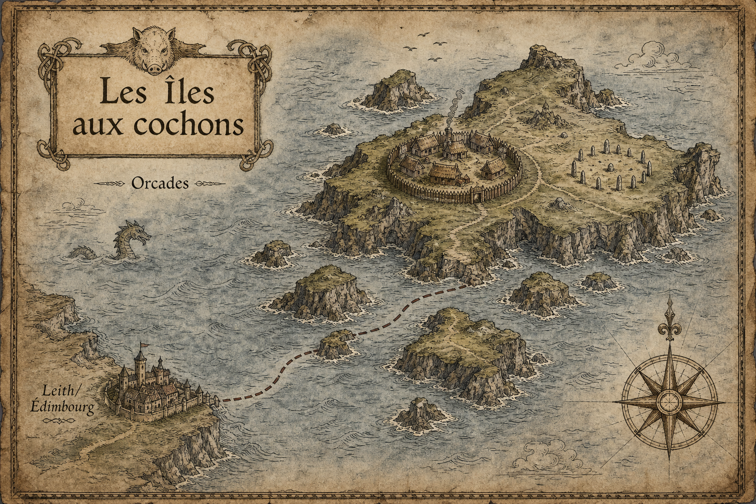 Carte des Îles aux cochons et des Orcades dans l'univers Yggdrasil