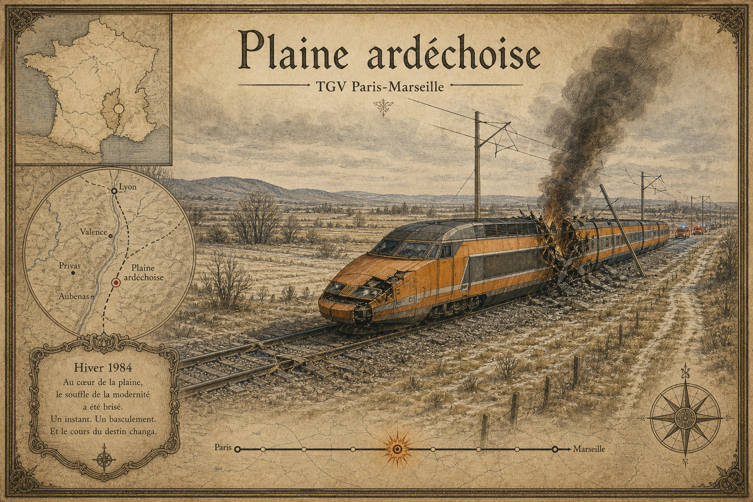 Carte de la plaine ardéchoise et du TGV Paris-Marseille dans l'univers Yggdrasil